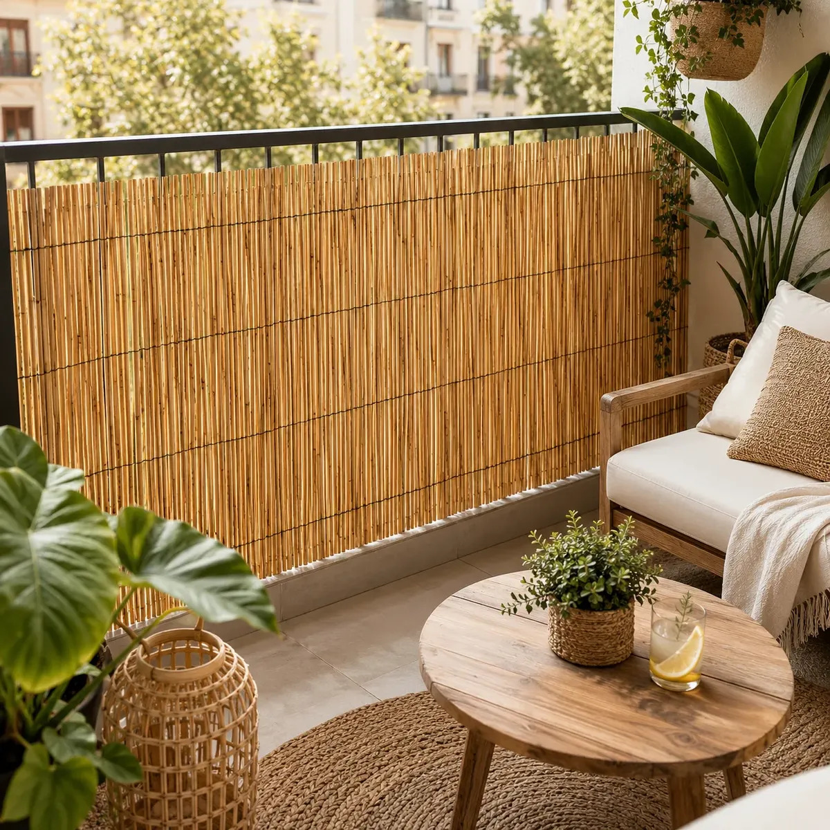 Esteira de bambu em varanda com mobiliário natural